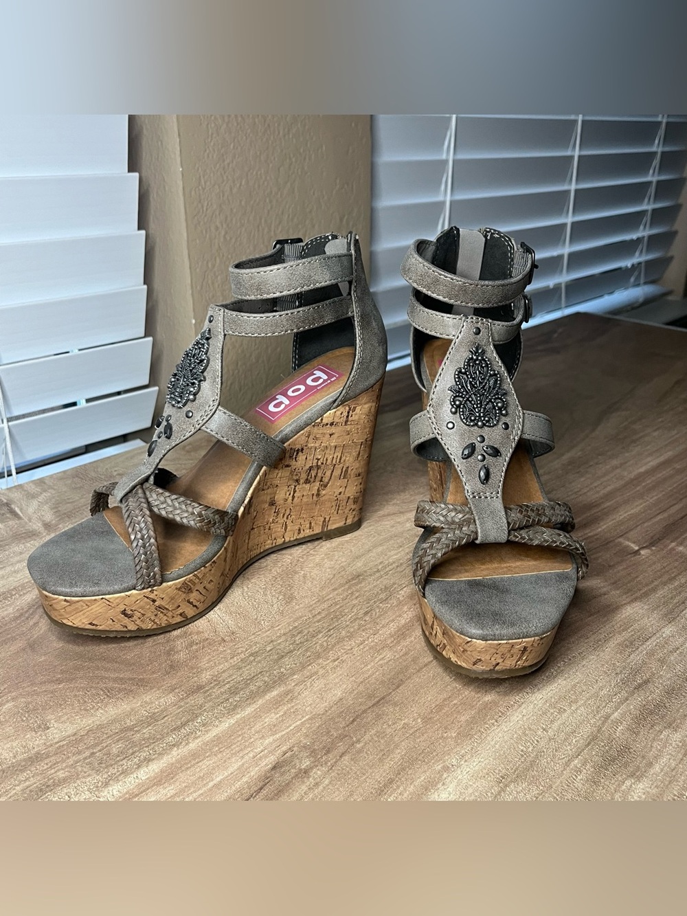 POP Taupe Cork Embellished Wedge Sandals